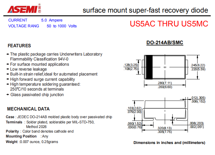 US5MC/US5KC/US5JC/US5GC ASEMI贴片高效恢复二极管 PDF规格书资料