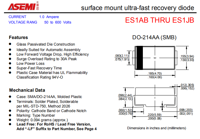 ES1JB/ES1GB/ES1EB/ES1DB ASEMI贴片超快恢复二极管 PDF规格书资料
