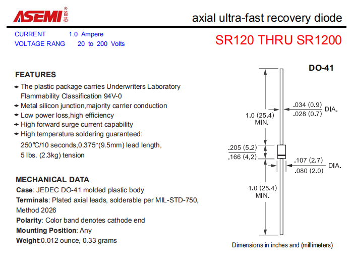SR1200/SR1150/SR1100/SR160/SR140 ASEMI轴向肖特基二极管 PDF规格书资料