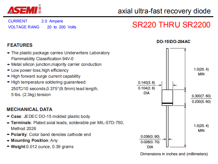 SR2200/SR2150/SR2100/SR260/SR240 ASEMI轴向肖特基二极管 PDF规格书资料