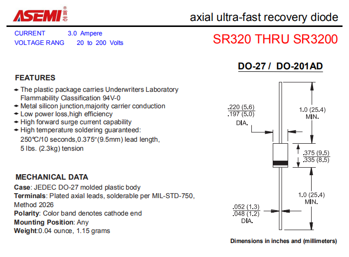 SR3200/SR3150/SR3100/SR360/SR340 ASEMI轴向肖特基二极管 PDF规格书资料