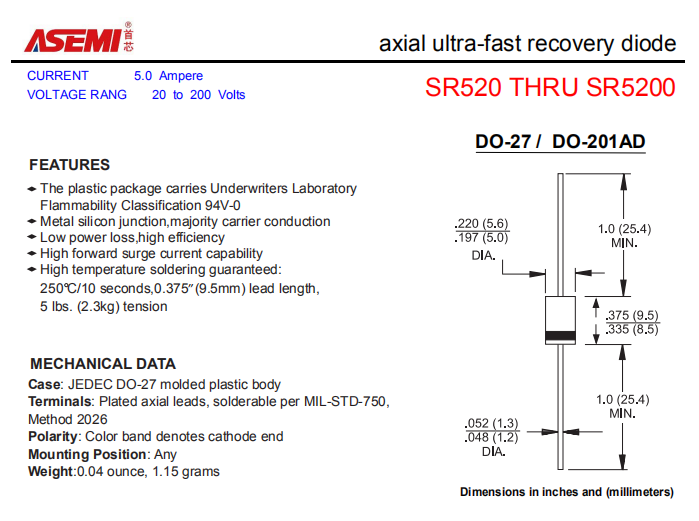 SR5200/SR5150/SR5100/SR560/SR540 ASEMI轴向肖特基二极管 PDF规格书资料