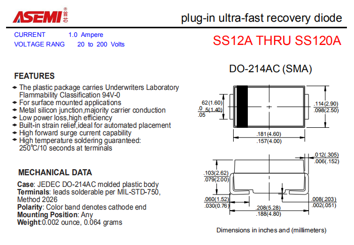 SS120A/SS115A/SS110A/SS16A/SS14A ASEMI贴片肖特基二极管 PDF规格书资料