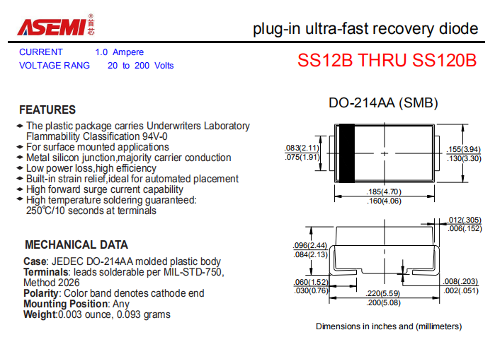 SS120B/SS115B/SS110B/SS16B/SS14B ASEMI贴片肖特基二极管 PDF规格书资料