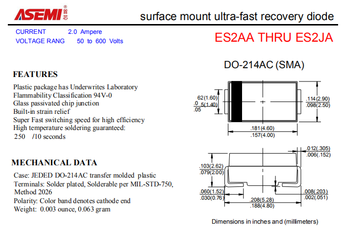 ES2JA/ES2GA/ES2EA/ES2DA ASEMI贴片超快恢复二极管 PDF规格书资料