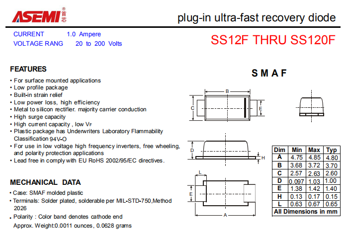 SS120F/SS115F/SS110F/SS16F/SS14F ASEMI贴片肖特基二极管 PDF规格书资料