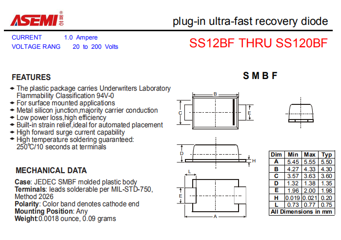 SS120BF/SS115BF/SS110BF/SS16BF/SS14BF ASEMI贴片肖特基二极管 PDF规格书资料