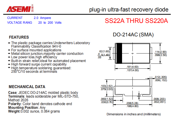 SS220A/SS215A/SS210A/SS26A/SS24A ASEMI贴片肖特基二极管 PDF规格书资料