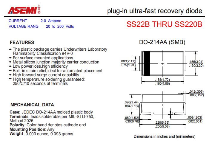 SS220B/SS215B/SS210B/SS26B/SS24B ASEMI贴片肖特基二极管 PDF规格书资料