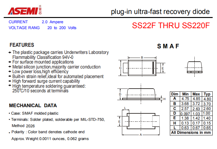 SS220F/SS215F/SS210F/SS26F/SS24F ASEMI贴片肖特基二极管 PDF规格书资料