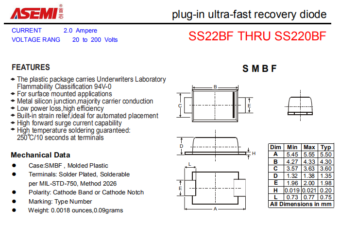 SS220BF/SS215BF/SS210BF/SS26BF/SS24BF ASEMI贴片肖特基二极管 PDF规格书资料
