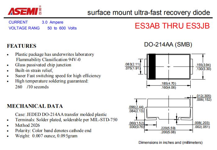 ES3JB/ES3GB/ES3EB/ES3DB ASEMI贴片超快恢复二极管 PDF规格书资料