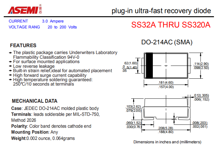 SS320A/SS315A/SS310A/SS36A/SS34A ASEMI贴片肖特基二极管 PDF规格书资料