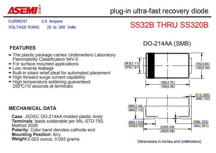 SS320B/SS315B/SS310B/SS36B/SS34B ASEMI贴片肖特基二极管 PDF规格书资料