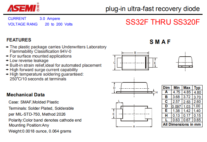 SS320F/SS315F/SS310F/SS36F/SS34F ASEMI贴片肖特基二极管 PDF规格书资料