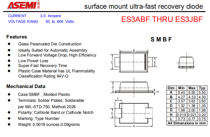 ES3JBF/ES3GBF/ES3EBF/ES3DBF ASEMI贴片超快恢复二极管 PDF规格书资料