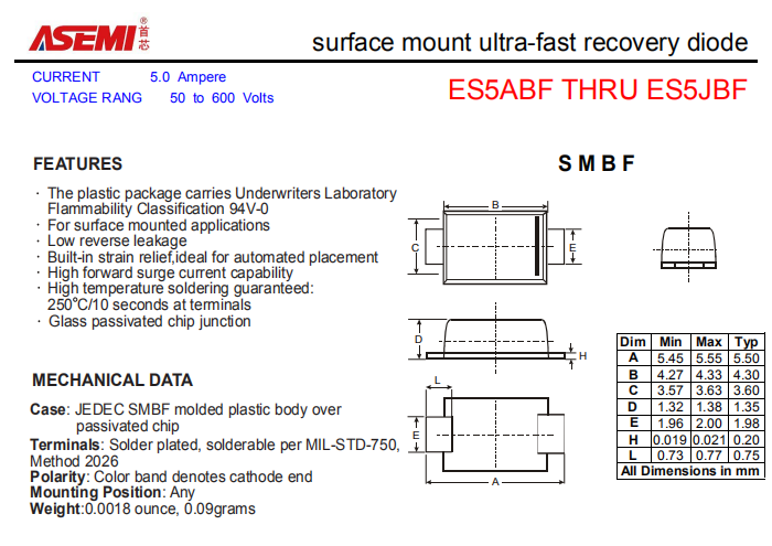 ES5JBF/ES5GBF/ES5EBF/ES5DBF ASEMI贴片超快恢复二极管 PDF规格书资料