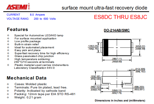 ES8JC/ES8GC/ES8DC ASEMI贴片超快恢复二极管 PDF规格书资料
