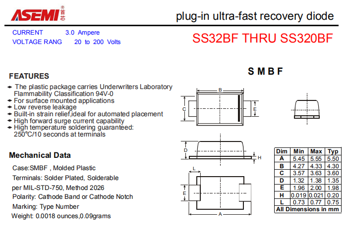 SS320BF/SS315BF/SS310BF/SS36BF/SS34BF ASEMI贴片肖特基二极管 PDF规格书资料