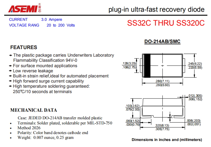 SS320C/SS315C/SS310C/SS36C/SS34C ASEMI贴片肖特基二极管 PDF规格书资料