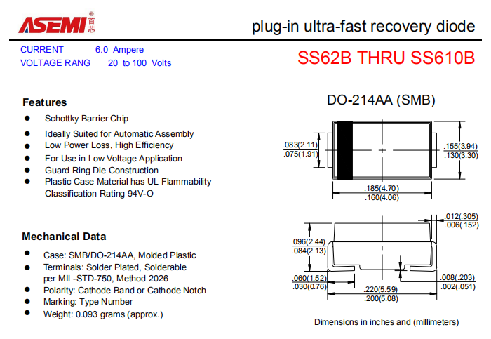 SS610B/SS68B/SS66B/SS64B ASEMI贴片肖特基二极管 PDF规格书资料
