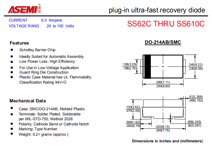 SS610C/SS68C/SS66C/SS64C ASEMI贴片肖特基二极管 PDF规格书资料