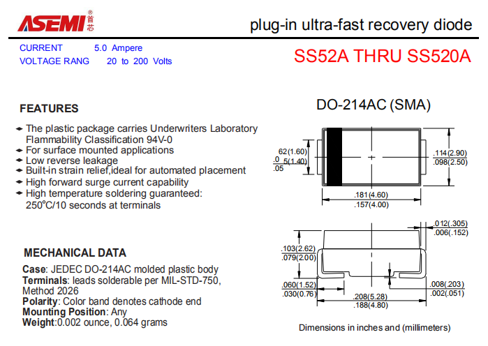 SS520A/SS515A/SS510A/SS56A/SS54A ASEMI贴片肖特基二极管 PDF规格书资料
