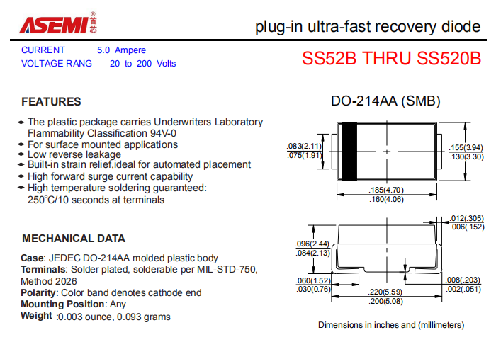 SS520B/SS515B/SS510B/SS56B/SS54B ASEMI贴片肖特基二极管 PDF规格书资料