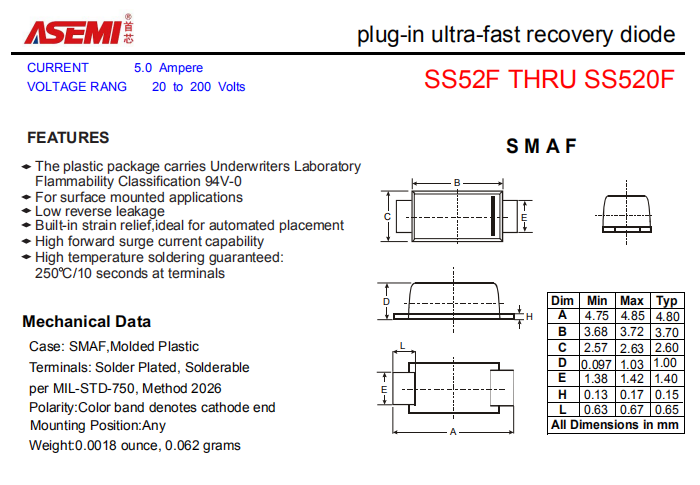 SS520F/SS515F/SS510F/SS56F/SS54F ASEMI贴片肖特基二极管 PDF规格书资料