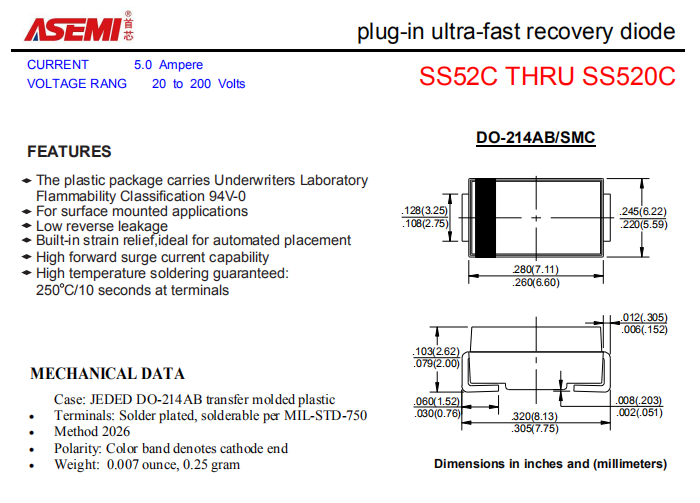 SS520C/SS515C/SS510C/SS56C/SS54C ASEMI贴片肖特基二极管 PDF规格书资料