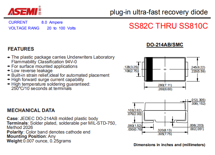 SS810C/SS88C/SS86C/SS84C ASEMI贴片肖特基二极管 PDF规格书资料